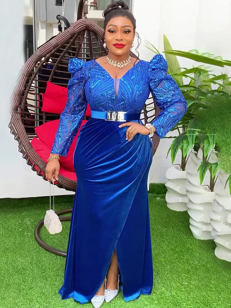 

Prom Party Evening Dresses For Women Dubai Luxury Sequin Velvet Gown Turkey African Long Sleeve Maxi Robe 2024 Wedding Clothing