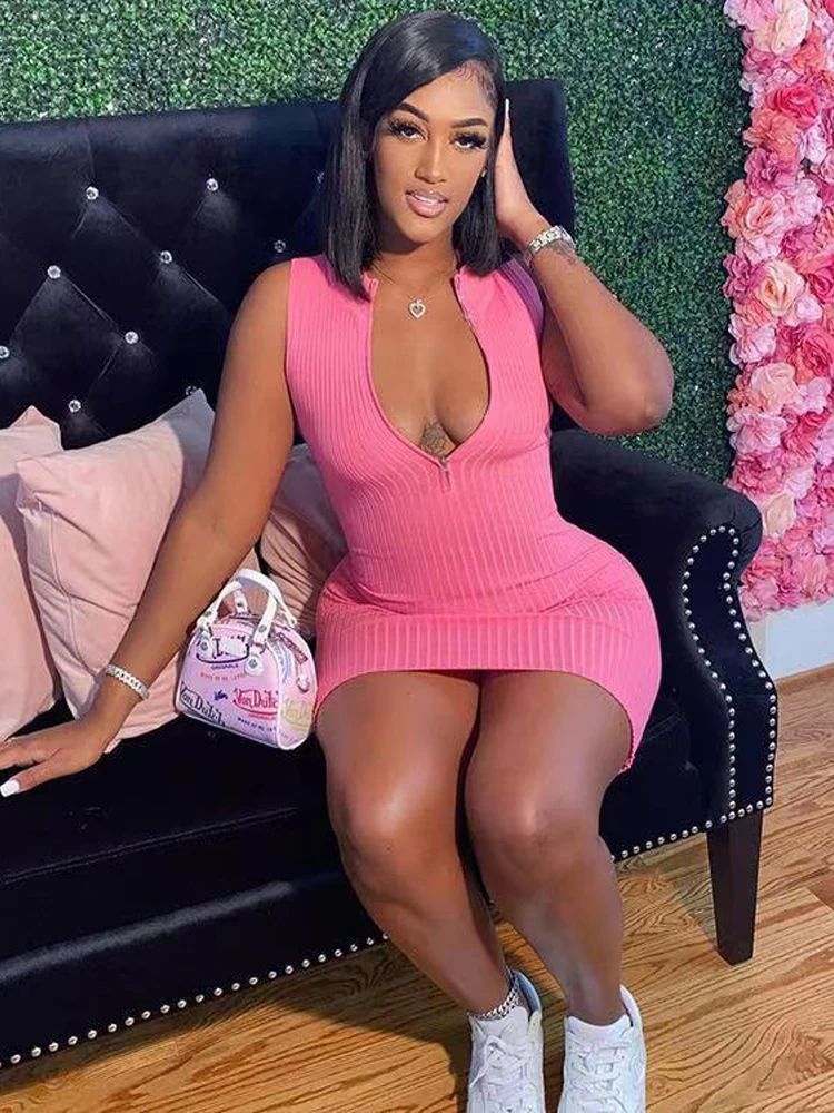 

YUZHEXI Ribbed Knit Summer Zip Up V Neck Bodycon Sundress Women Solid Color Active Tank Dress Mini Tube Robe