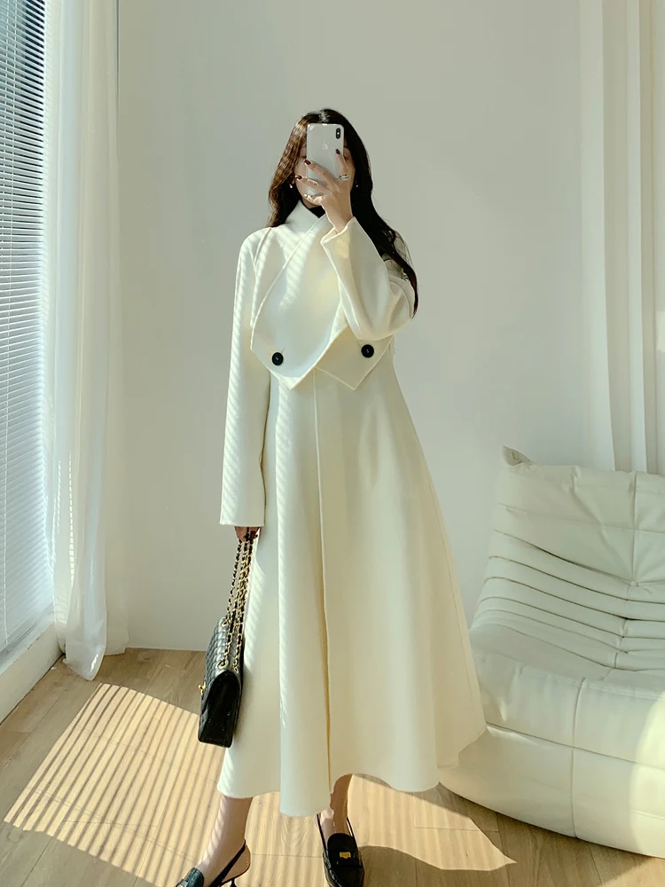 2023 New Double-sided 100% Pure Cashmere Long Coat British Wind Waist Slim Big Skirt Woolen Coat Woman letter v button belt women s dress suit coat waistband fashionable versatile cowhide leather waist double sided use corset