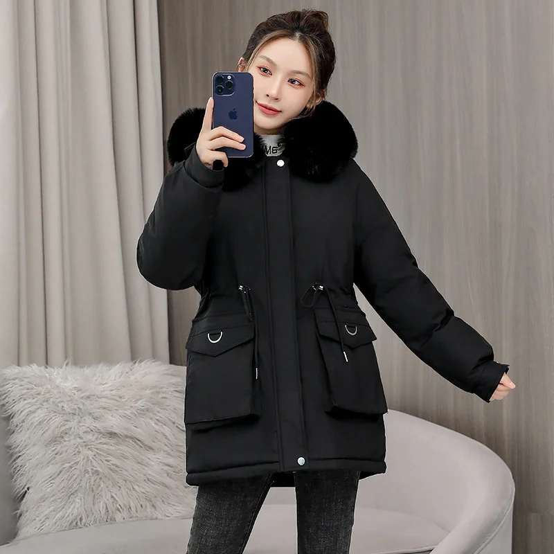 2024 Women Winter Parkas Faux Lambswool Liner Fleece Overcoat Fur Collar Hooded Coat Female Windproof Warm Cotton-padded Jackets