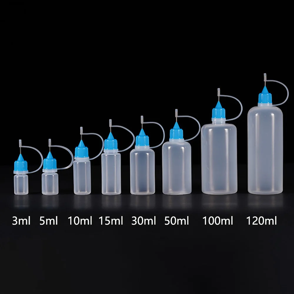 5ml 10ml 15ml 30ml 100ml PE Plastic Squeezable Tip Applicator Bottle Refillable Dropper  with Needle Tip Caps for Glue