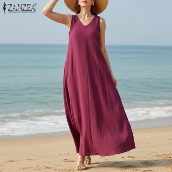 ZANZEA Plus Size 5XL Womens Cotton Loose Dresses Summer Casual Sleeveless V Neck Solid Color A-Line Sundress Beach Robes Femme