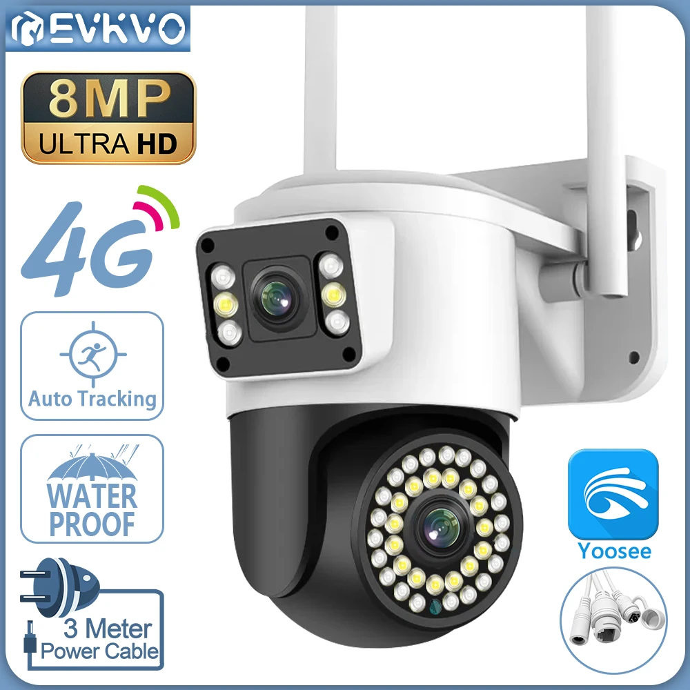 

EVKVO 4K 8MP 4G Dual Lens PTZ Camera Dual Screen AI Human Auto Tracking WIFI Security CCTV Video Surveillance Camera Yoosee