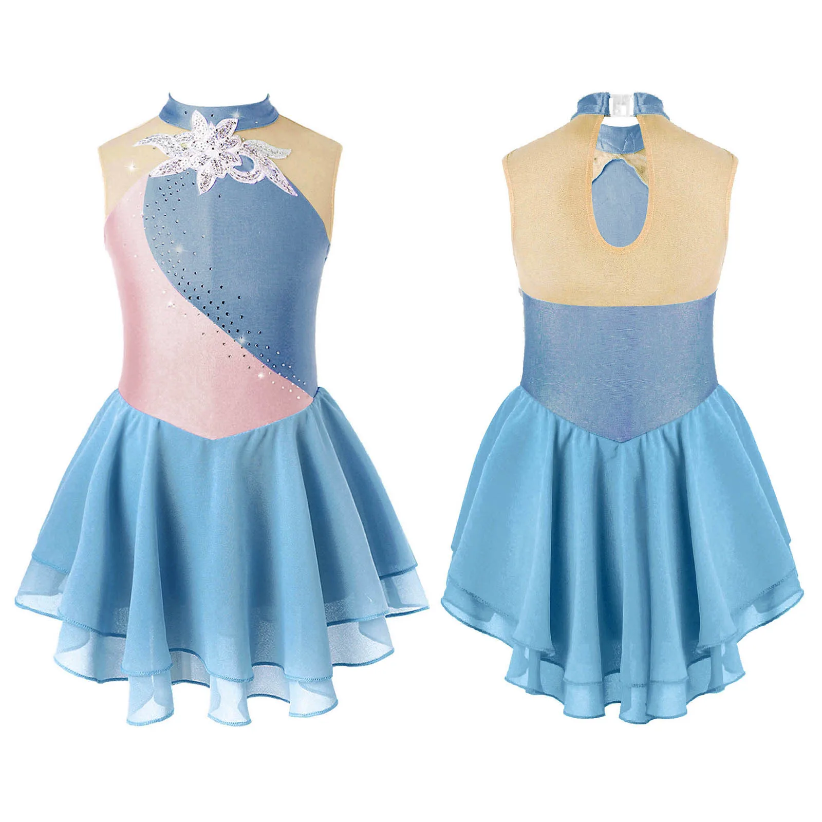 thumbnail image 1 of Traje de patinaje sobre hielo para niñas con brillantes diamantes de imitación, maillot de ballet, vestido de baile lírico con dobladillo irregular, vestido de tutú y leotardo, 1 of 5