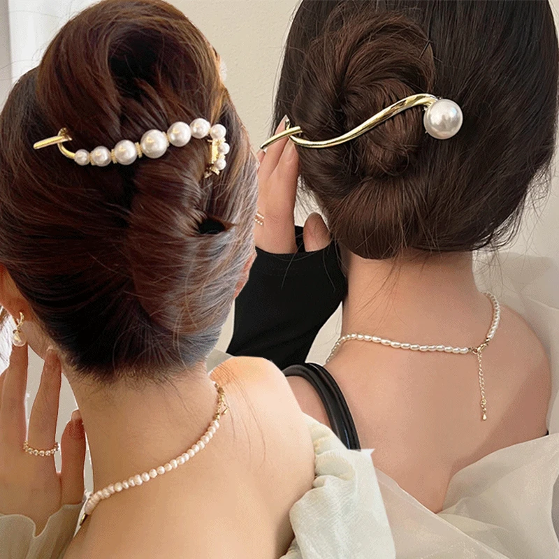 

Woman Pearl Hairpin Back Of The Head Catch Clip One Word Clip Summer Frog Buckle Hair Clip Headdress Shark Hair Accessories