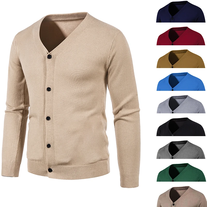 

Кардиган мужской трикотажный, базовый эластичный тонкий свитер с V-образным вырезом, однотонный Повседневный Универсальный жакет, осень