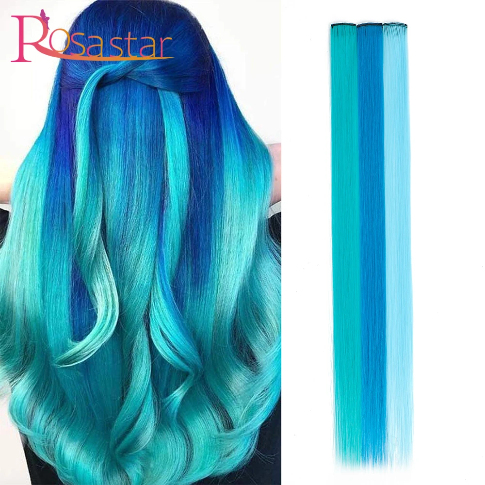 3Packs Clip In Piece Extensio Colorful Hair Clip On Hair Synthetic Long  Straight Women Hair 22Inch(Navy blue、Turquoise 、Sky blue| | - AliExpress