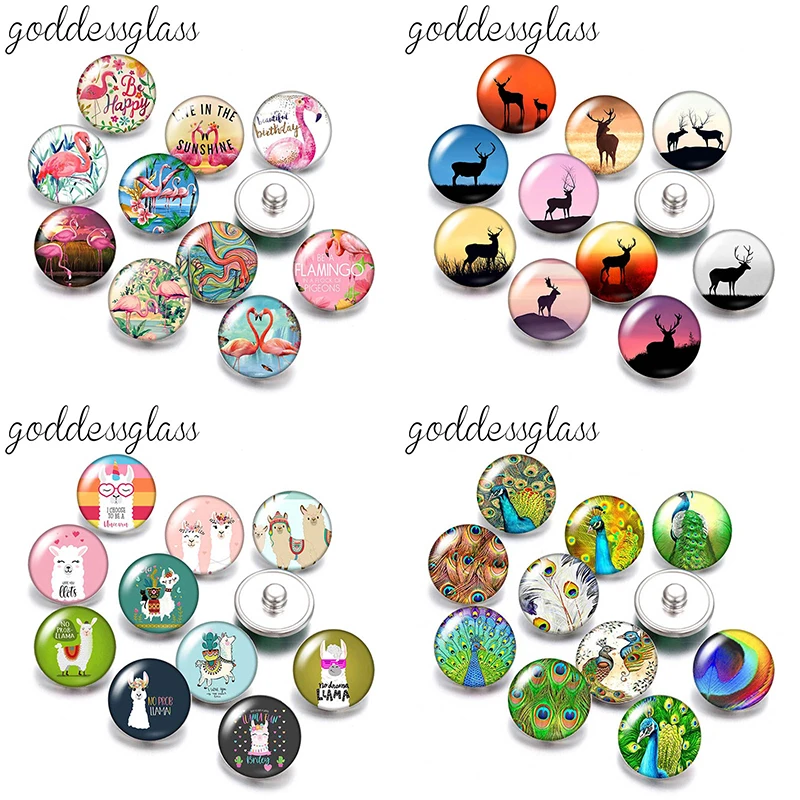 

New Cartoon Animals reindeer Flamingo Alpaca Peacock cock deer Cute 10pcs mix Round photo 18mm/12mm snap buttons DIY findings