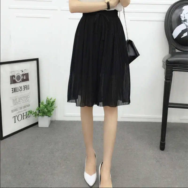 Chiffon Wide Leg Short Femme Trousers Women Loose Lace Up High Waist Knee Length Midi Pleated Summer Shorts Women Capris C7258