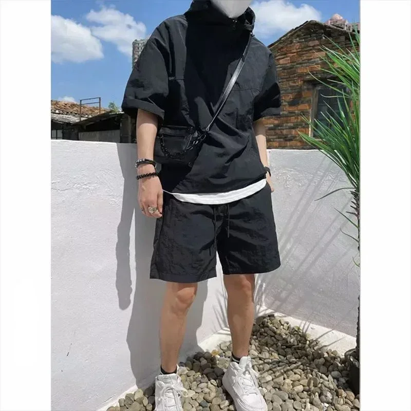 Sweater Set Summer Cargo Style Men's Casual Hooded Solid Short Sleeve T-shirt Shorts Loose Fashion