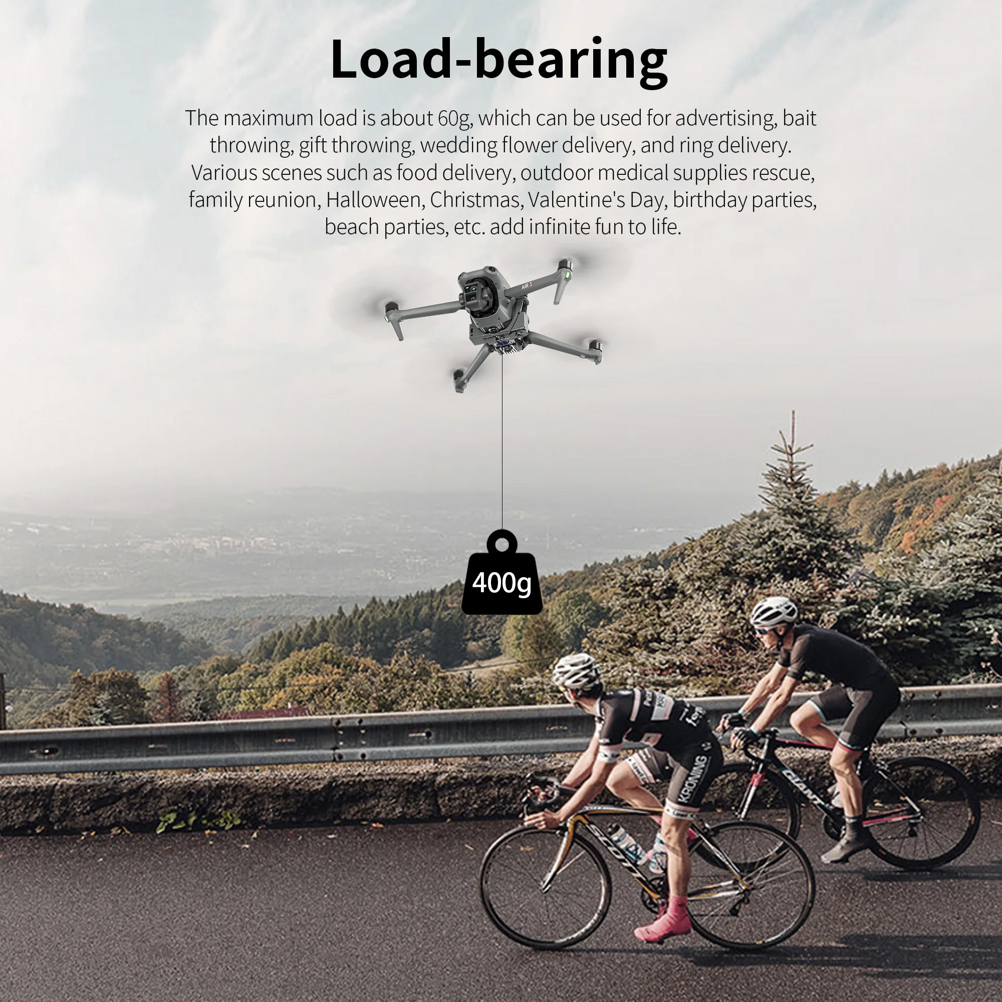 Système de largage 12KM installé sous un DJI Mini 4 Pro, avec télécommande en arrière-plan