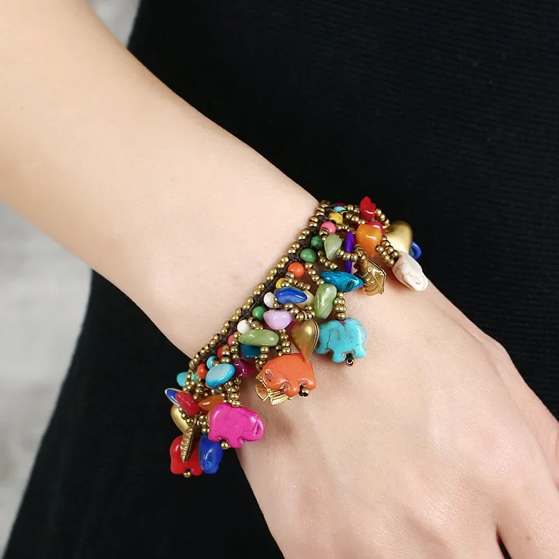 Bohemian Ethnic Style Retro Turquoise Elephant Women Bracelet Wax Rope Hand-woven Jewelry