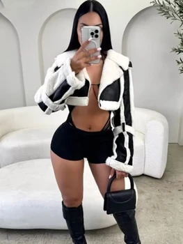 Weird Puss Furry Patchwork Women Crop Jacket Hipster Full Sleeve Open Stitch Hipster Streetwear Warm Outwear Basic Wild Coat 1