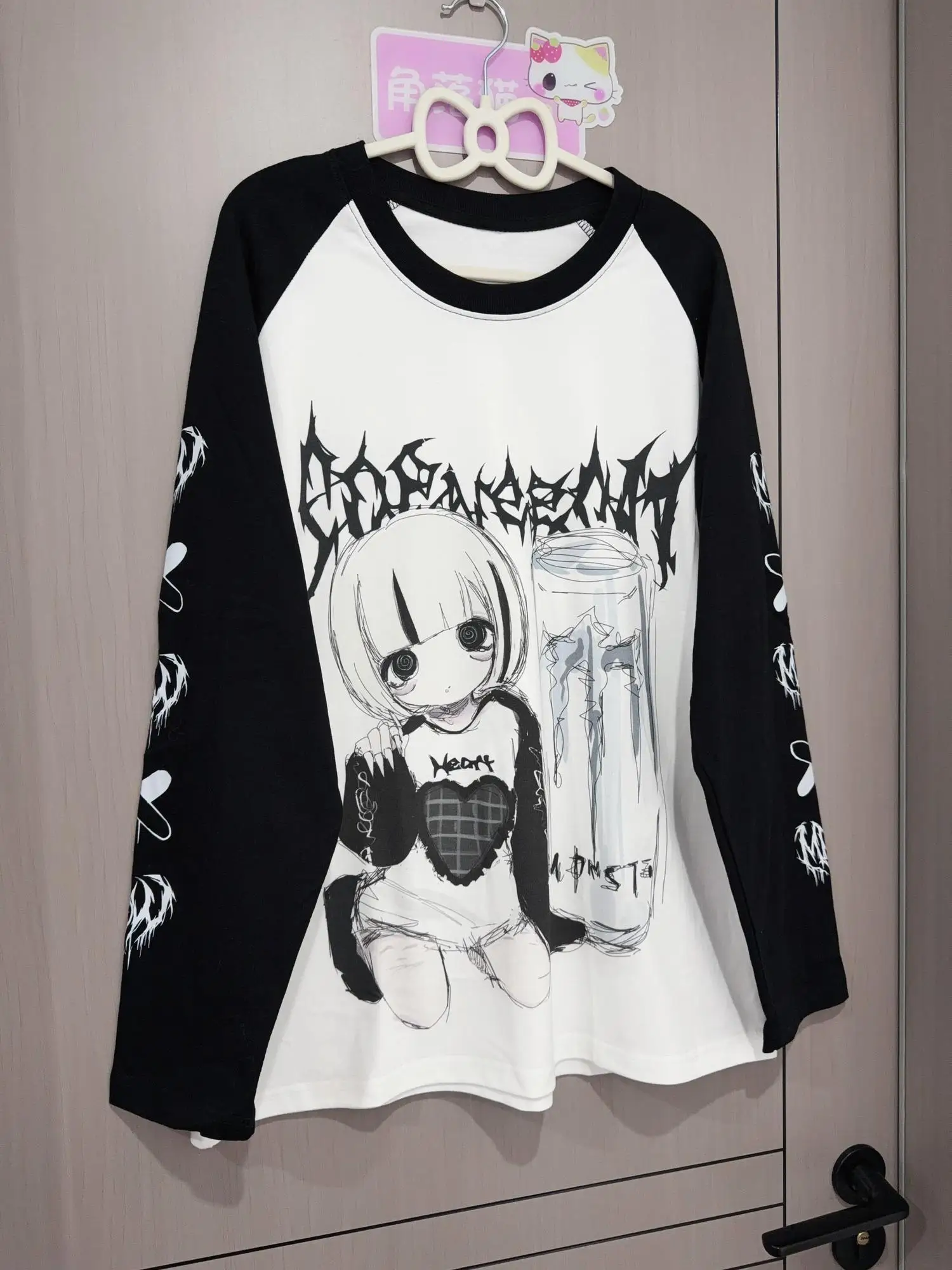 Spring Autumn Japanese Yami Kawaii Girly Goth T Shirt Long Sleeve O-Neck Print Loose Top Jirai Kei Subculture Casual Shirt Women