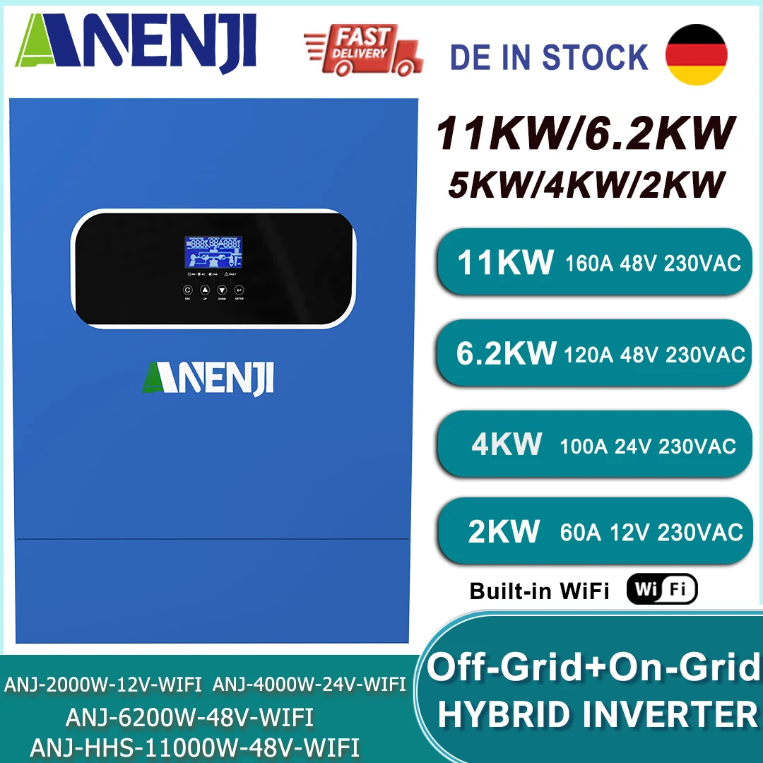 อินเวอร์เตอร์ไฮบริดพลังงานแสงอาทิตย์ 11KW 6.2KW 5KW 4KW 2KW 48V 24V พร้อมตัวควบคุมการชาร์จ MPPT 60A 100A 160A 220V รองรับ WIFI และ BMS 1
