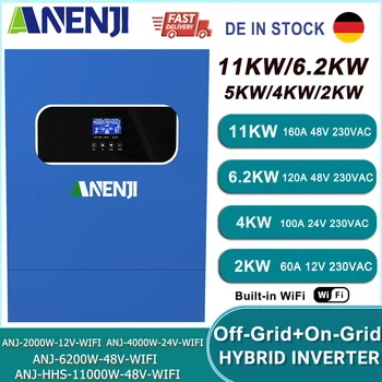 อินเวอร์เตอร์ไฮบริดพลังงานแสงอาทิตย์ 11KW 6.2KW 5KW 4KW 2KW 48V 24V พร้อมตัวควบคุมการชาร์จ MPPT 60A 100A 160A 220V รองรับ WIFI และ BMS 1