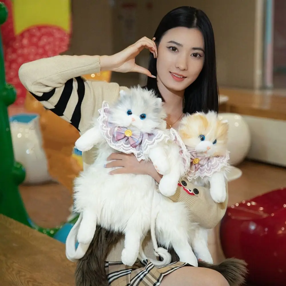 Long-haired Fluffy Cat Doll Backpack Ragdoll Cat Super Realistic Plush Cat Backpack Bow Tie Handmade Cute Animals Plush Bag