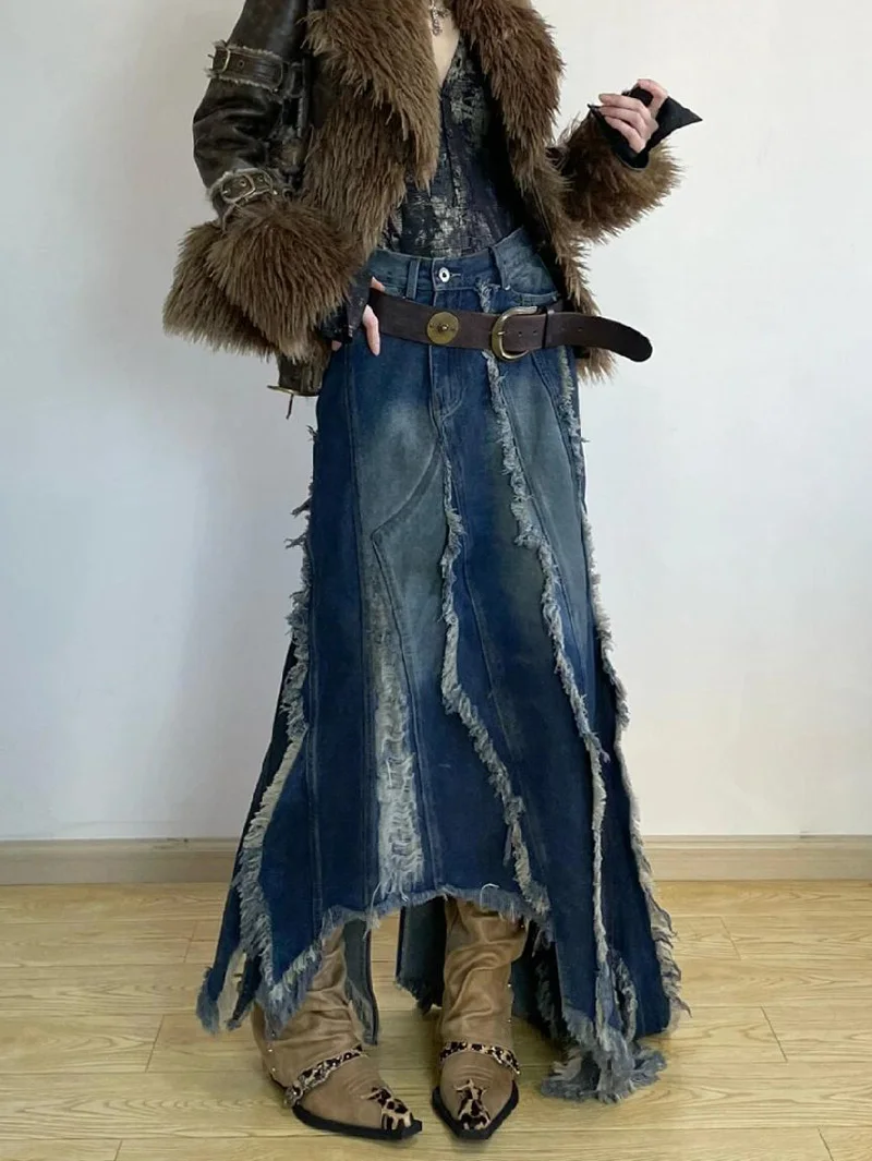 Women Denim Skirt Y2k Emo 2000s Clothes Long Skirt Harajuku Korean