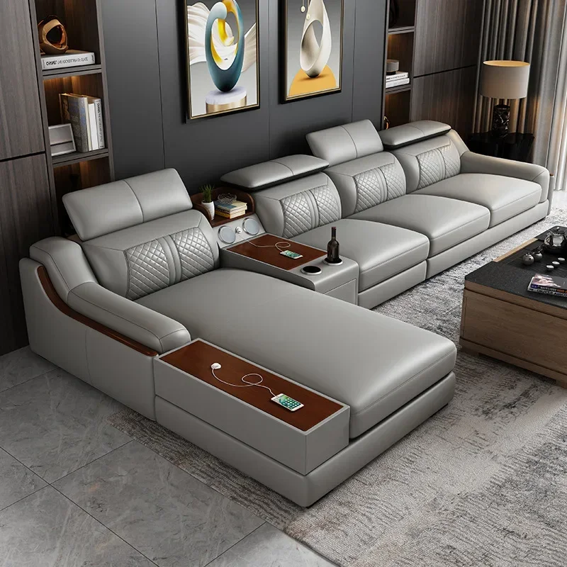 

Leather sofa combination simple modern living room functional sofa Large family L-shaped corner leather sofa