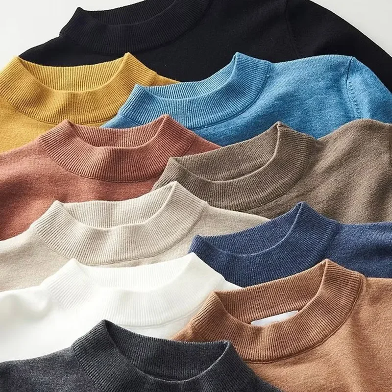 Men Comfortable Knitted Sweaters Colorful Pullovers Half High Collar Slim Fit Long Sleeve Clothes