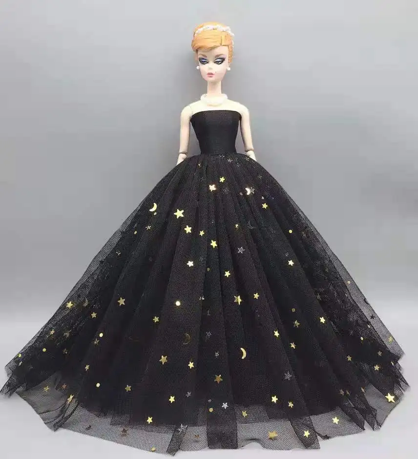 

1/6 Moon Star Sequin Black Wedding Dress For Barbie Doll Clothes Princess Outfits Party Gown Vestido 11.5" Dolls Accessories Toy