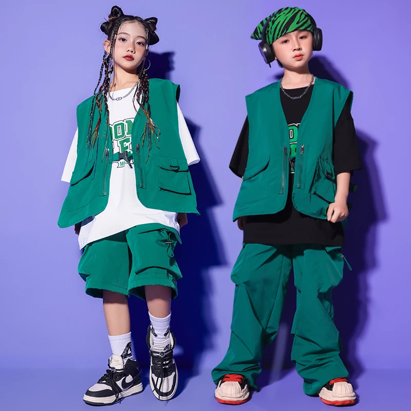 

Kids Street Wear Clothing Green Sleeveless Jacket Vest T Shirt Cargo Hip Hop Pants for Girl Boy Jazz Dance Costume Clothes
