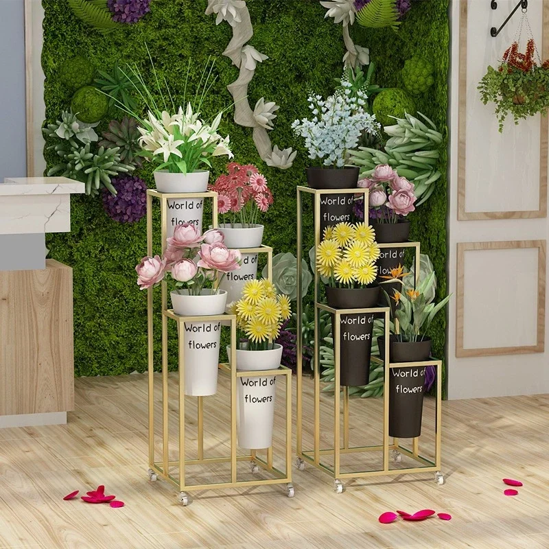 

Nordic Flower Shop Flower Bucket Multi Layer Display Plastic Flower Bucket Ladder Movable Shelf Flower Rack Gold Plant Stand