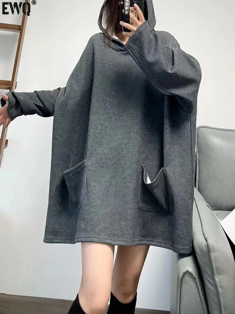 

[EWQ] European Cloak Hooded Double Pocket Long Sleeve Pullover Sweatshirt Thickened Big Size Top Women 2024 Spring Winter 6U7295