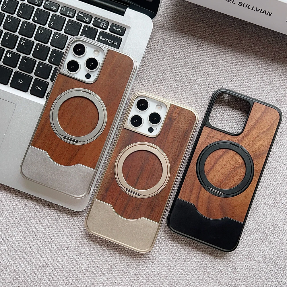 Alloy Wood Hybrid Phone Case with 360° Rotating Metal Stand and Magnetic Matte Finish