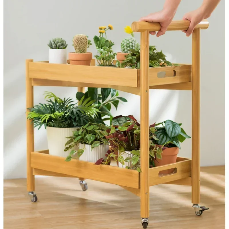Simple Modern Double-Layer Bamboo Plant Stand Mobile Shelf Decoration with Tray Design Versatile Home Organizer Elegant Display