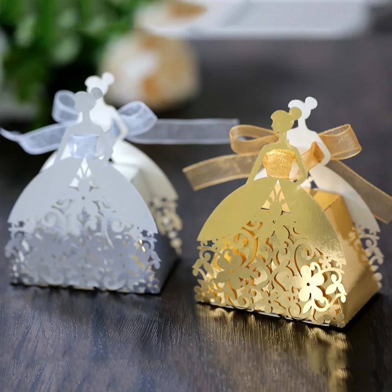 Laser Cut Pearl Paper Gift Boxes with Ribbon – Elegant Candy Chocolate Packaging for We... - SKU GBR17058 - UGI Packaging