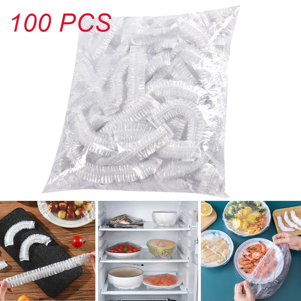 

100pcs Kitchen Fresh Keeping Saver Bag Disposable Food Cover Plastic Wrap Elastic Food Lids For Fruit Bowls Cups Caps Storage