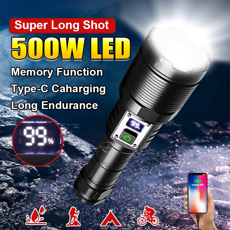 

500W LED Ultra Powerful Flashlight Type-C Rechargeable High Power Led Flashlights 100000LM Tactical Lantern 2500M Shot Torch