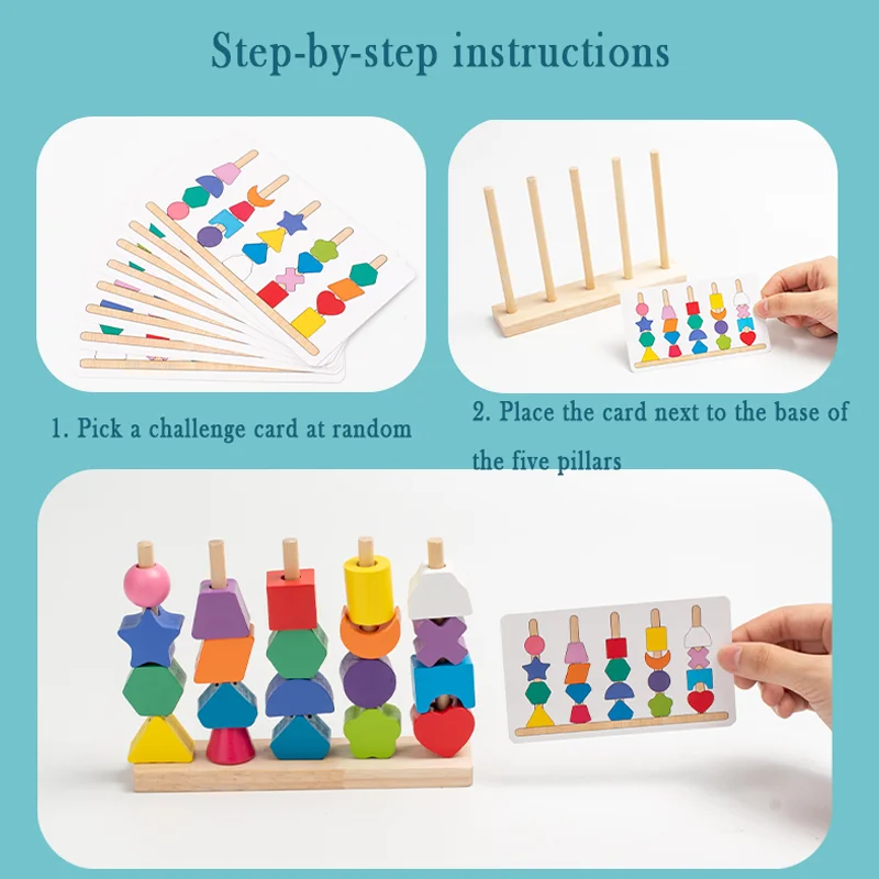 Wooden children's colorful color sorting toys, rainbow sets of columns, shape stringing matching, educational building blocks 5