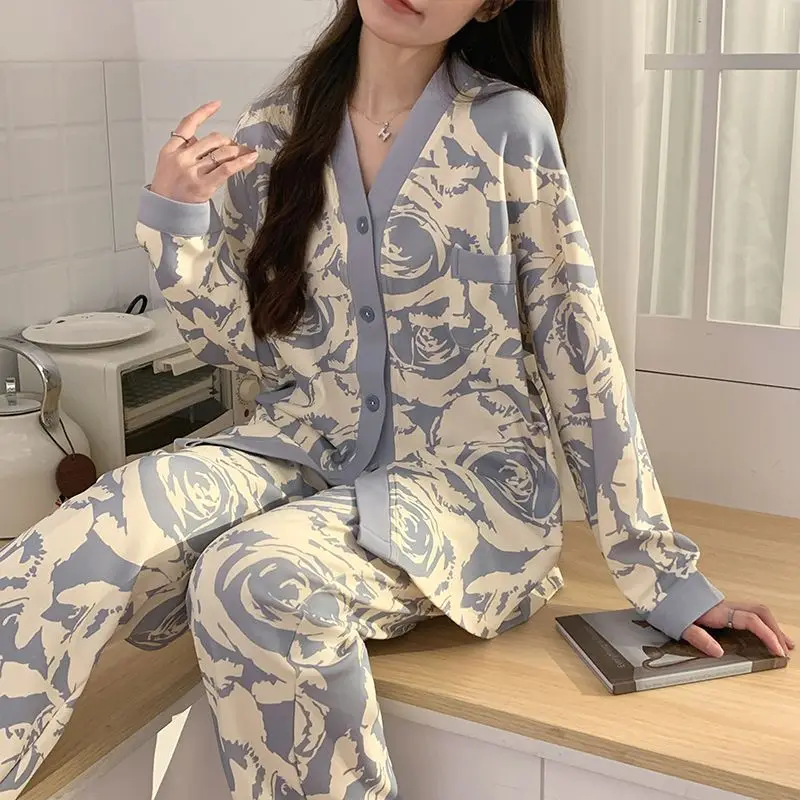 Cotton Sleepwear Long Sleeve Trouser Women Pajama Sets Print Luxury Brand Loungewear Two Piece Suit Cardigan Big Size Nightwear