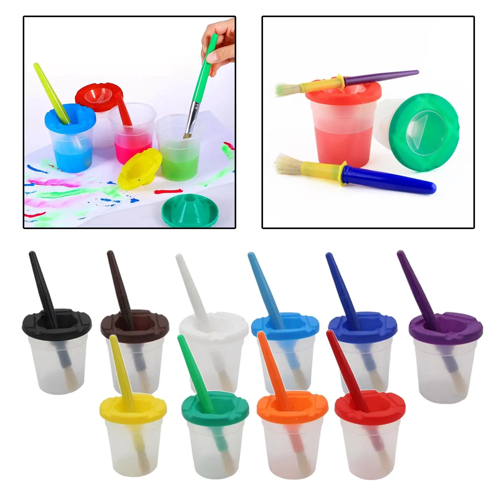 Childrens Paint Cups 10 Pieces with Lids Paint Cups Set and Brushes anti for Toddlers painting brushes paint cups