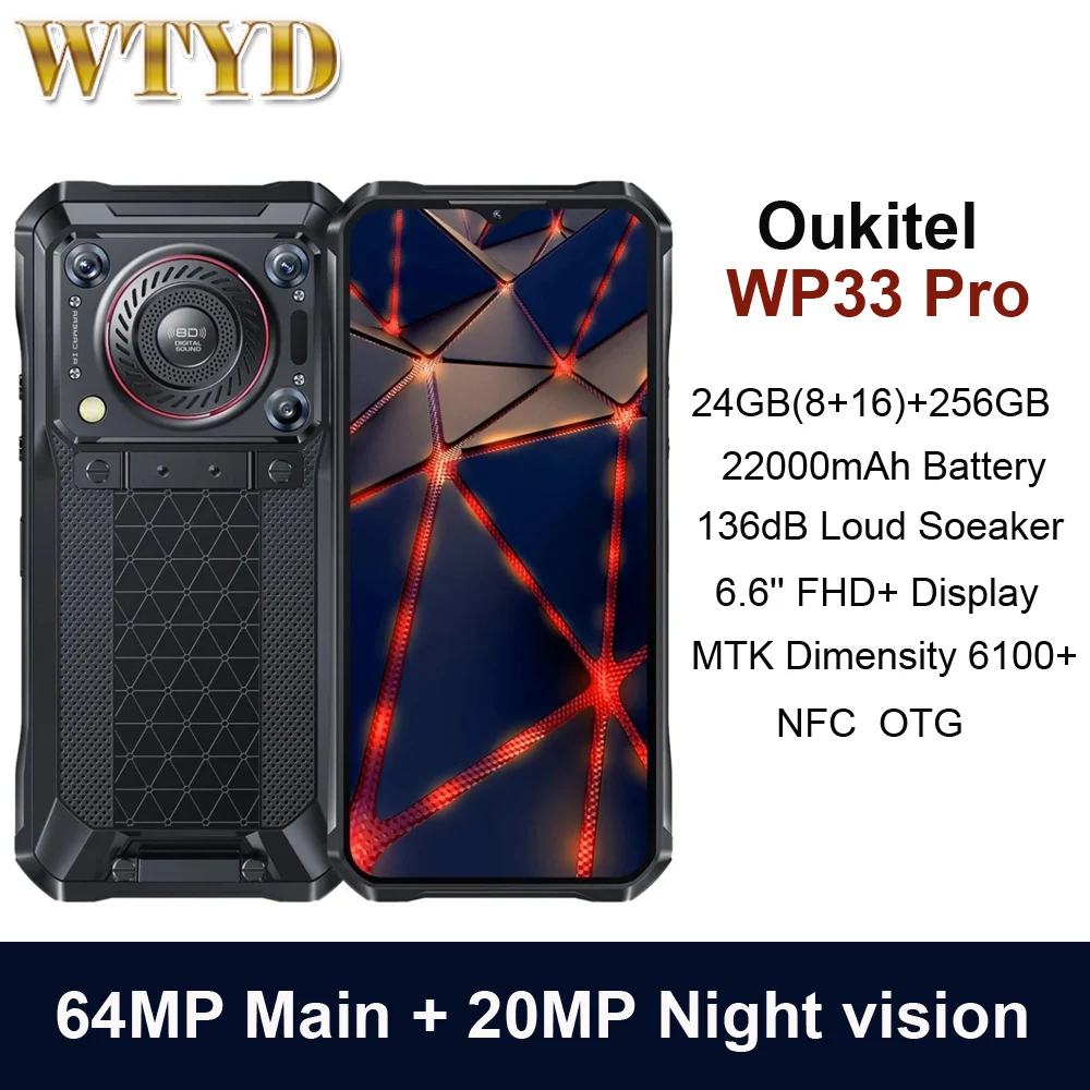 New Oukitel WP33 Pro 5G Smart - Phone size 6100+IP68 22000mAh 24GB+256GB  64MP