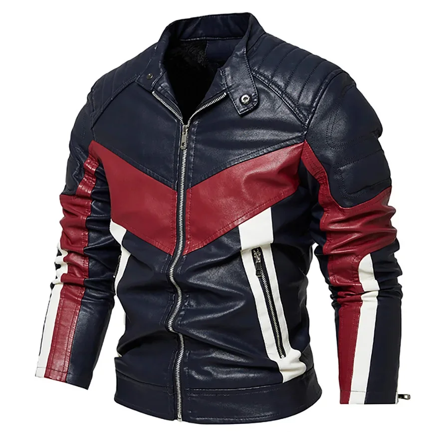 Description Picture 6 of itemNew in Autumn Winter Fur Leather Jacket Outdoor Fashion Patchwork Color PU Leather Coat Male Stand Collar Wool Liner Punk Jacket