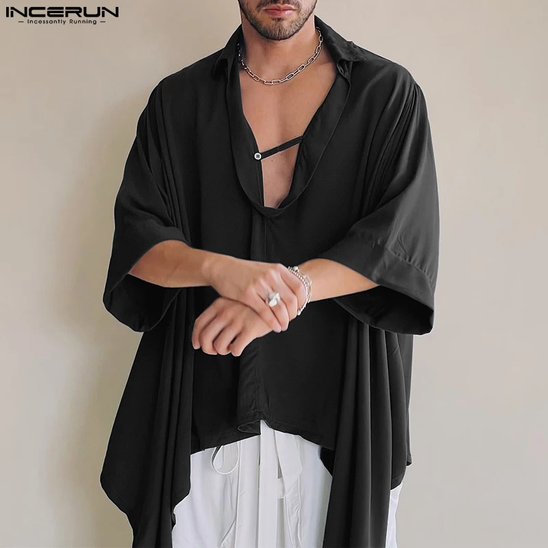 Casual Party Shows Style Tops INCERUN New Men Fashion V-shaped Swing Neck Shirts Streetwear Male Solid Short Sleeve Blouse S-5XL