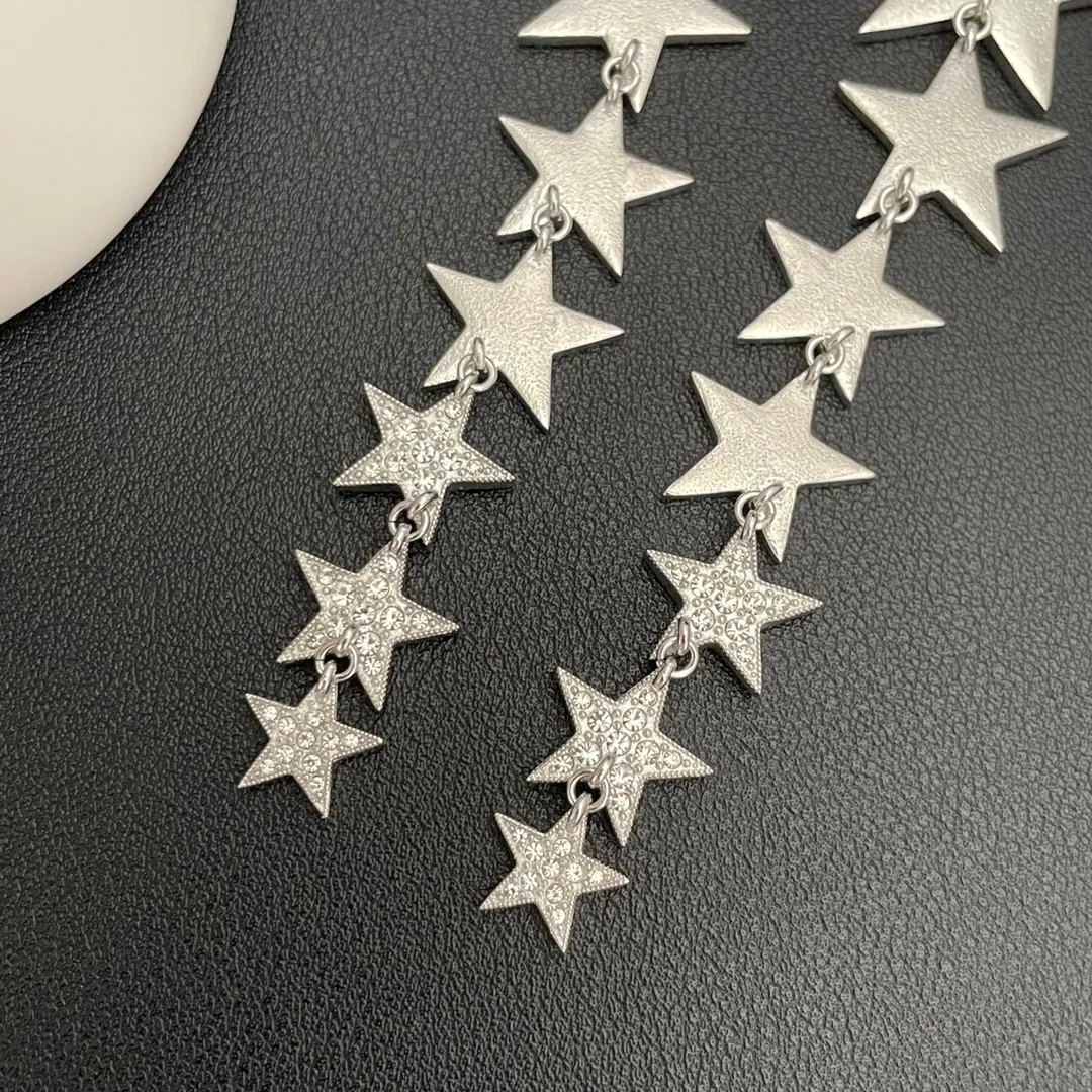 Earrings Exaggerated Retro Light Luxury Senior Sense Pentagonal Star Fringe Long Ear Clip Can Be Worn Without Ear Holes For