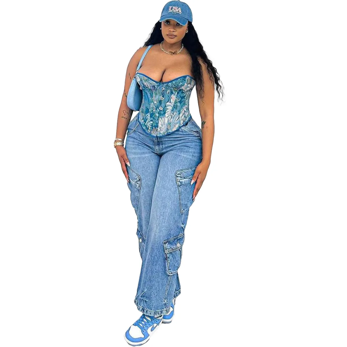 Denim Pocket Pants Jeans High Waist Cargo Y2K Streetwear 2023 Sexy Trouser Denim Parachute Women Winter Baggy Wide Leg Pants