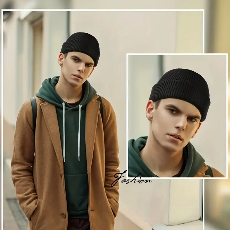 Winter Warm Beanies Knitted Thermal Windproof Knitted Running Skull Hat Unisex Ear Protection Roll-up Cuffed Hip Hop Cap