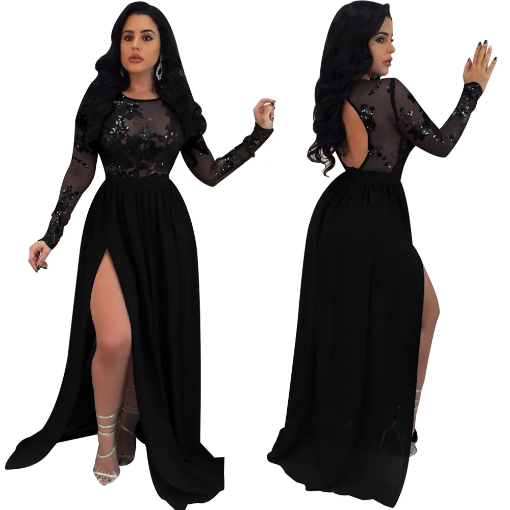 Sexy See-through Lace Backless High Split Sparkles Sequins Homecoming Dresses Elegant A-line Black Long Sleeves Night Party Robe