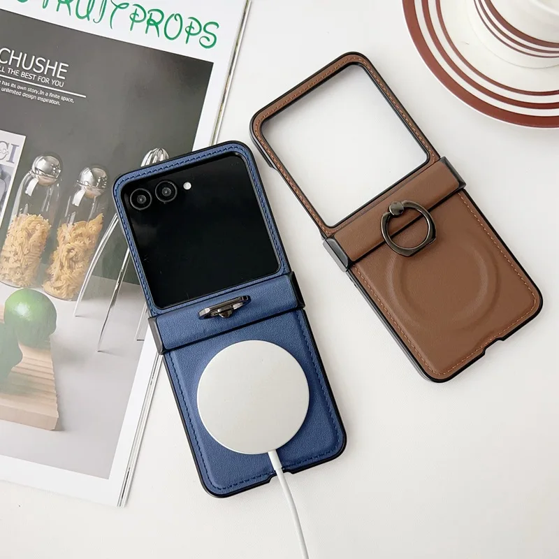 360 Rotating Magnetic Wireless Charging Leather Phone Case with Ring Holder and Hinge Protector