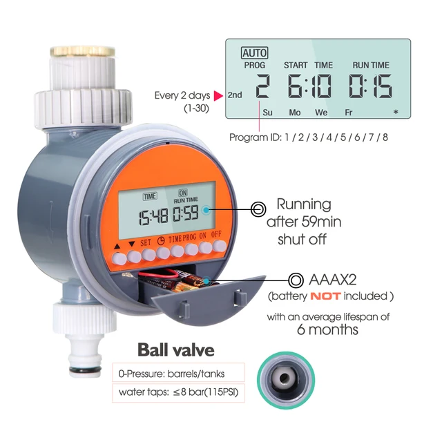 LCD Ball Valve Timer Automatic Timed Taps Controller Outdoor Garden Irrigationg Faucet Watering Waterproof with Battery Powered 5
