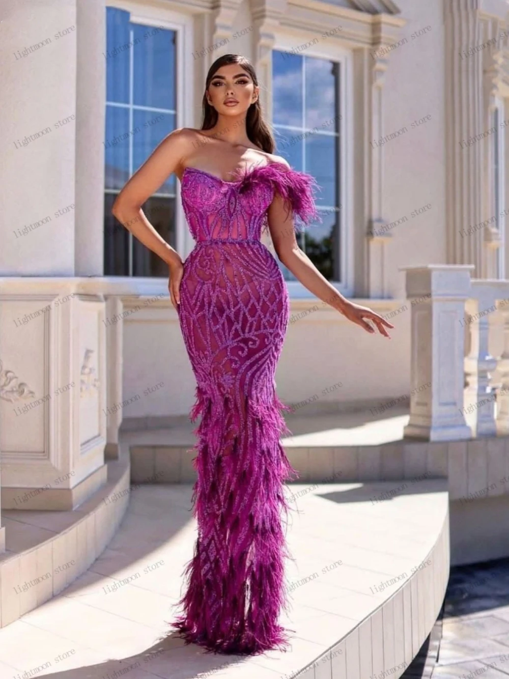

Glamorous Prom Dress Graceful Evening Dresses Feather Decorate Sheath Mermaid Elegant Ball Gowns Strapless Sexy Vestidos De Gala