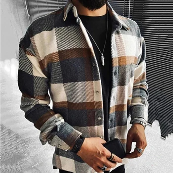 Autumn Winter Men's Plaid Pocket Long Sleeve Shirt Elegant Turn Collar Shirts For Men Jacket Coat 1