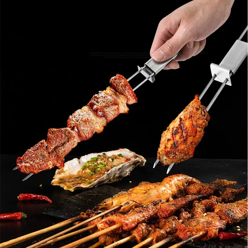 Stainless Steel Barbecue Fork,Semi-Automatic Double-Ended Skewers,Outdoor BBQ Tools,Grilling Forks,430 Stainless Steel,Sets