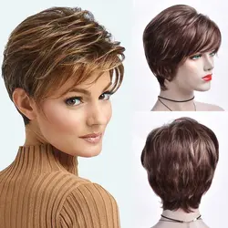 Women's Fashion Wig Short Wigs Ombre Brown Hair Natural Short Straight Hair Wig with Bangs Synthetic Full Wig Daily Wear Peluca