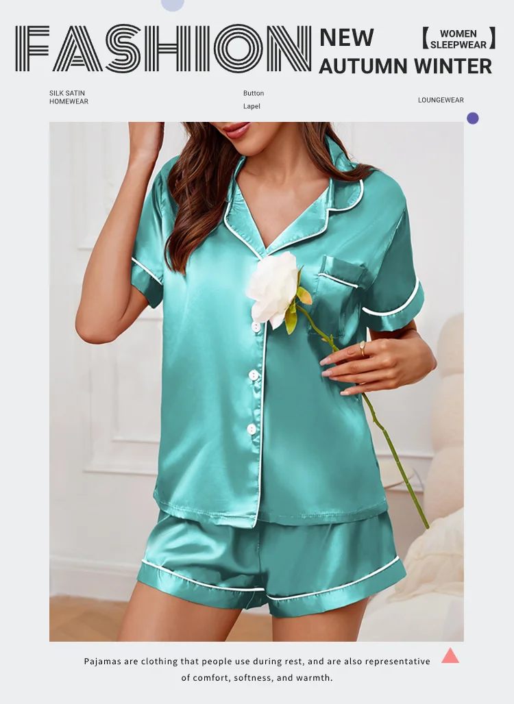 Frauen Nachtwäsche Seide Satin Pyjamas Set Button-Down Pyjama Shorts Anzug Pijama Femme Loungewear Pj Sets Einfarbig Hause kleidung – Detail 1